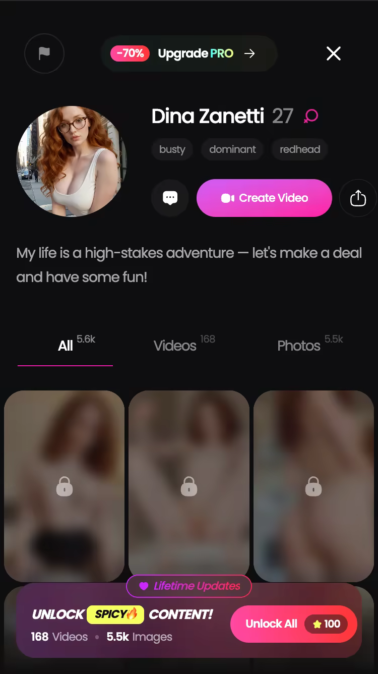 Profilo di un personaggio GoLove.ai con la sua libreria di contenuti su mobile