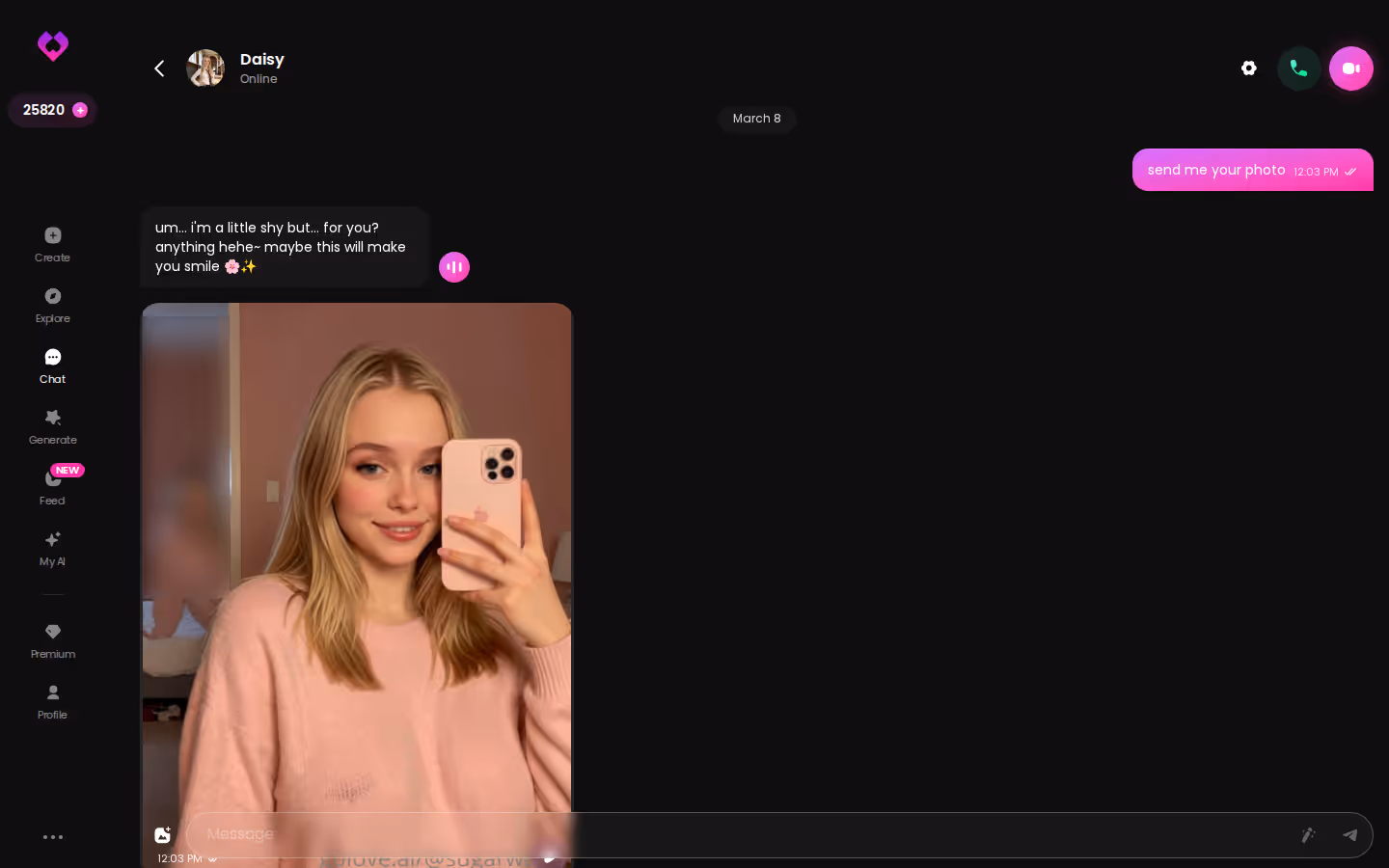 Chat GoLove su desktop con il personaggio che riprende il filo della conversazione precedente