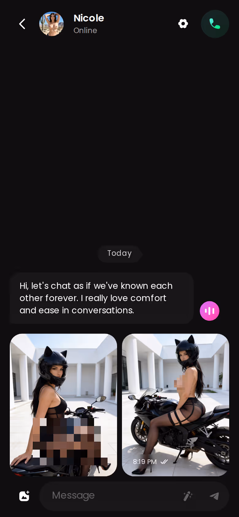 Thread di chat GoLove su mobile con una foto richiesta durante la conversazione