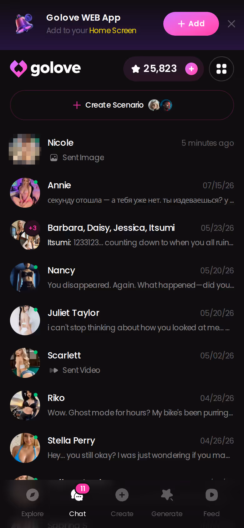 La lista delle chat di GoLove da mobile con più personaggi attivi