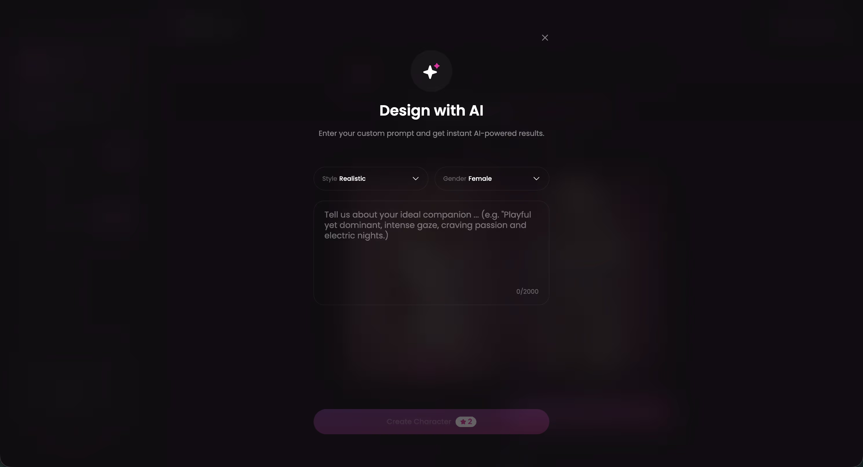 Design with AI su GoLove.ai: descrivi il personaggio e il sistema lo costruisce
