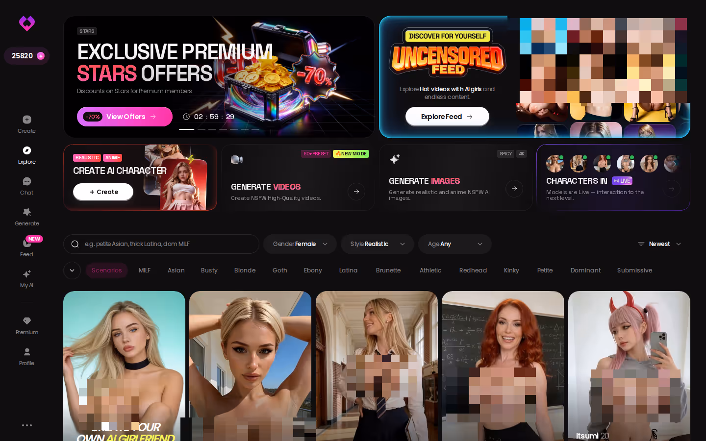 Scheda Explore di GoLove.ai con i personaggi realistici pronti per la chat