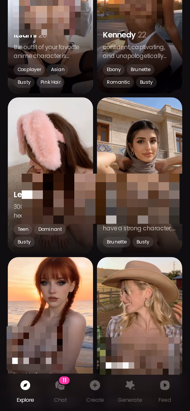 Sezione Explore di GoLove su mobile con i personaggi realistici in griglia