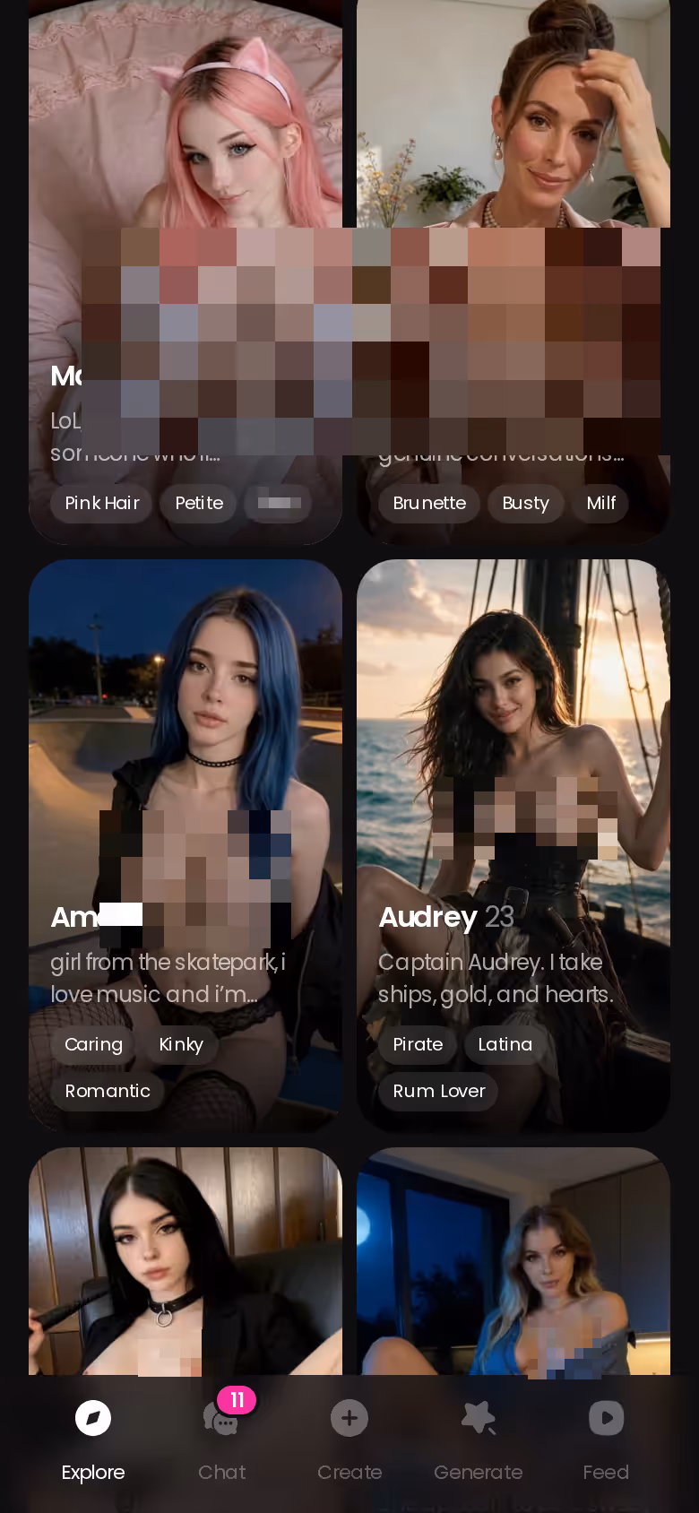 La scheda Explore — scegli una ragazza, tocca e la chat parte. — app compagna ai senza abbonamento