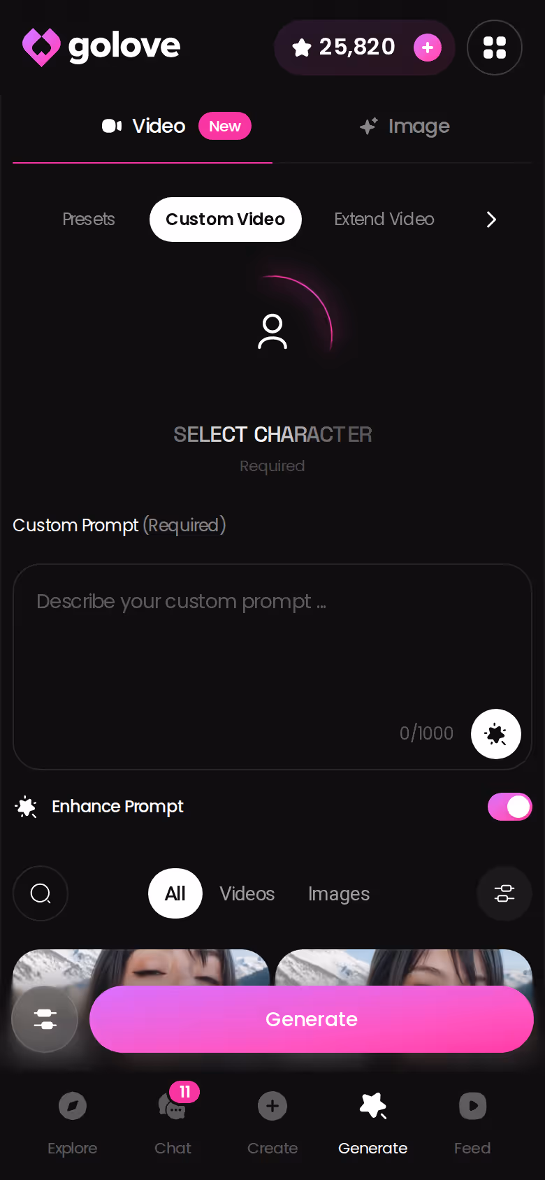 Il generatore video di GoLove.ai su mobile, con le carte preset per azione, vestiti e sfondo