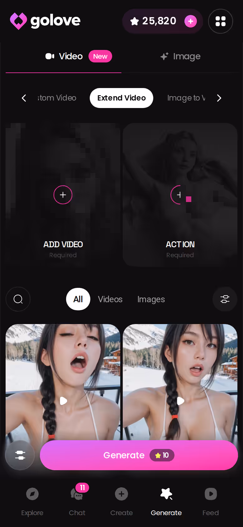Il generatore video di GoLove.ai su mobile: azione, abiti, scena e un tocco