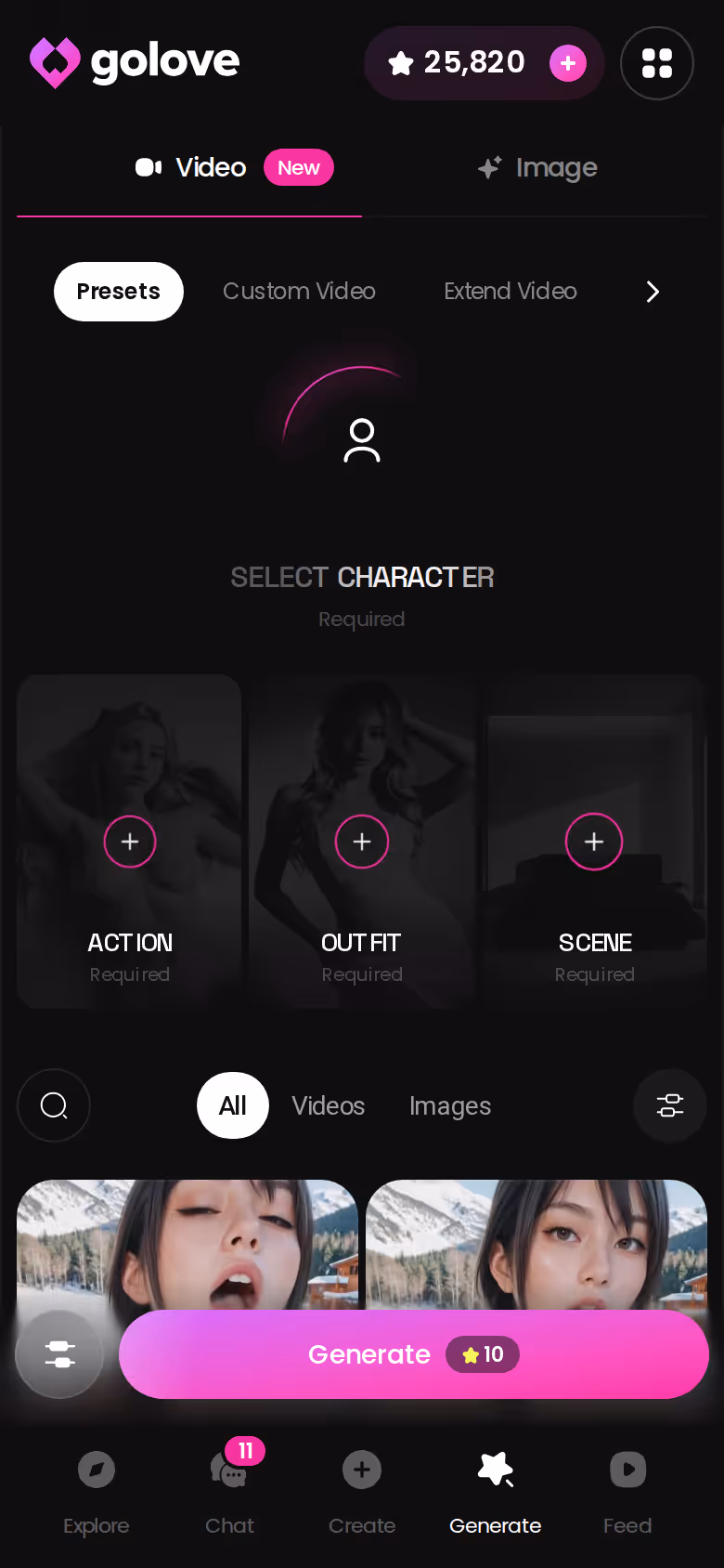 Hub Generate di GoLove.ai da mobile con il saldo Stars in vista