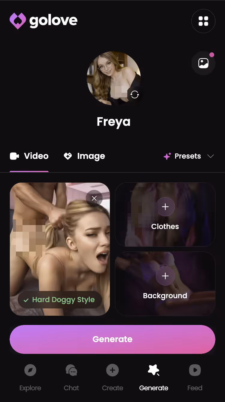 Generatore video — scegli azione, outfit, scena, un tap